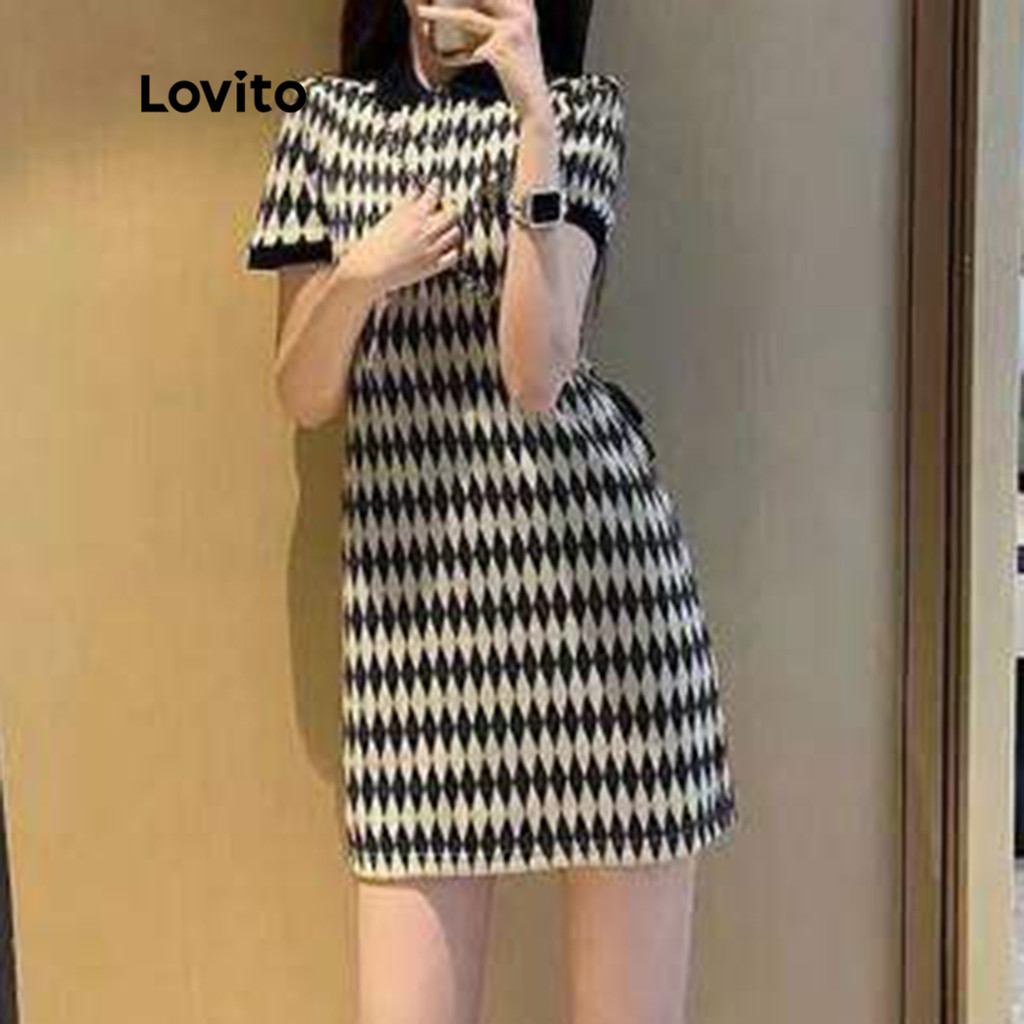 Detalhes do Lovito Vestido Feminino Casual Argyle Decote Redondo LNA06010 (Multicolorido)