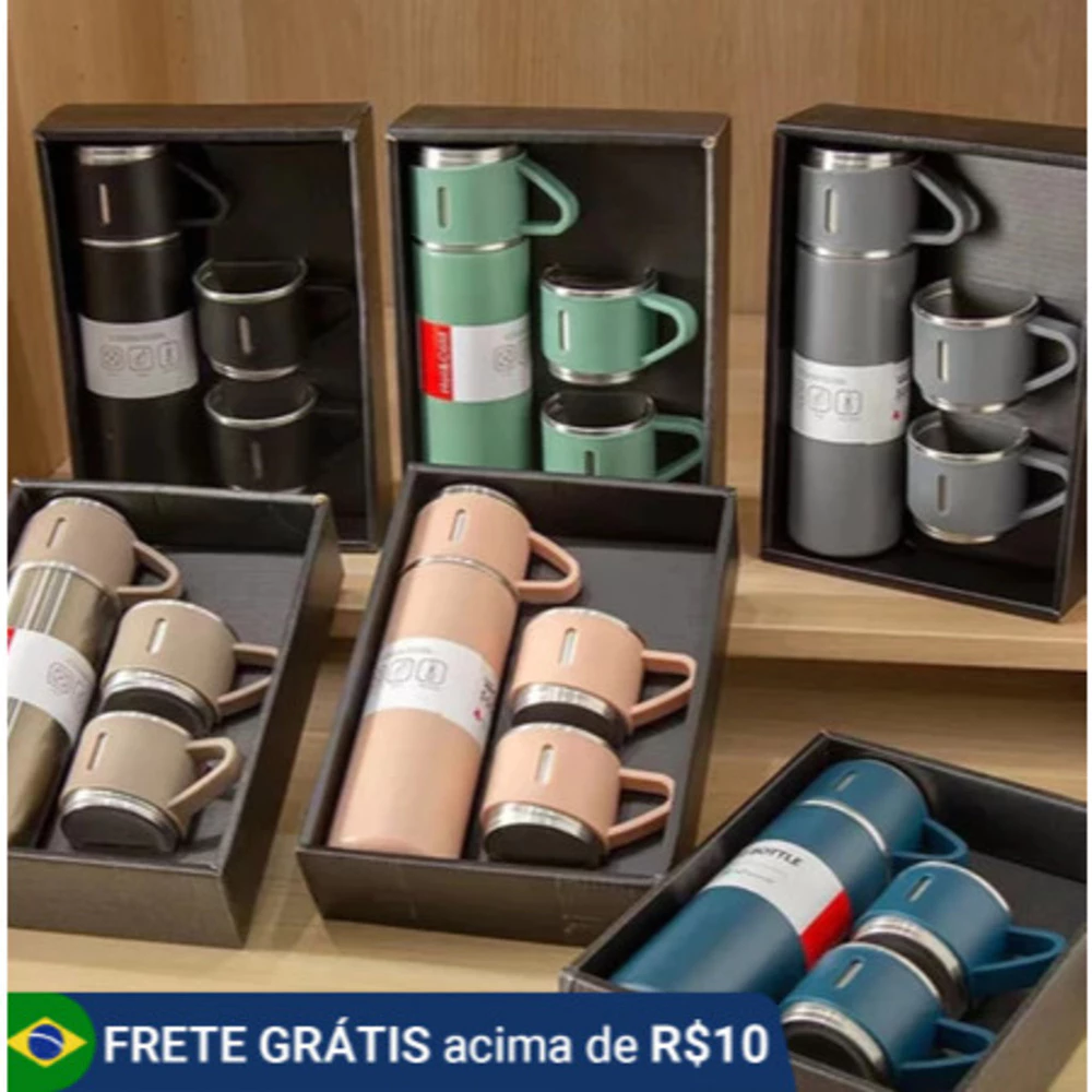 KIT 5 caneca Kit Garrafa Térmica Vacuum Bottle Inox 500ml + 3 Xícaras Bebidas Fria ou Quente- ANG