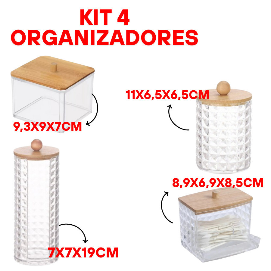 KIT 4 Organizadores Porta Algodão Cotonete Fácil E Pratico Plástico Tampa de Bambu