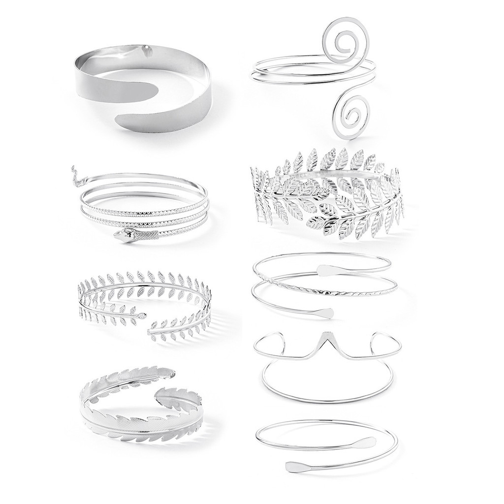Conjunto de Seis Peças de Anéis de Braço de Metal Geométrico, Conjunto de Pulseiras de Folha Exageradas de Personalida