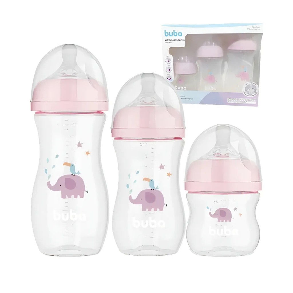 Kit 3 Mamadeiras Easy Flow Elefante Rosa - Buba