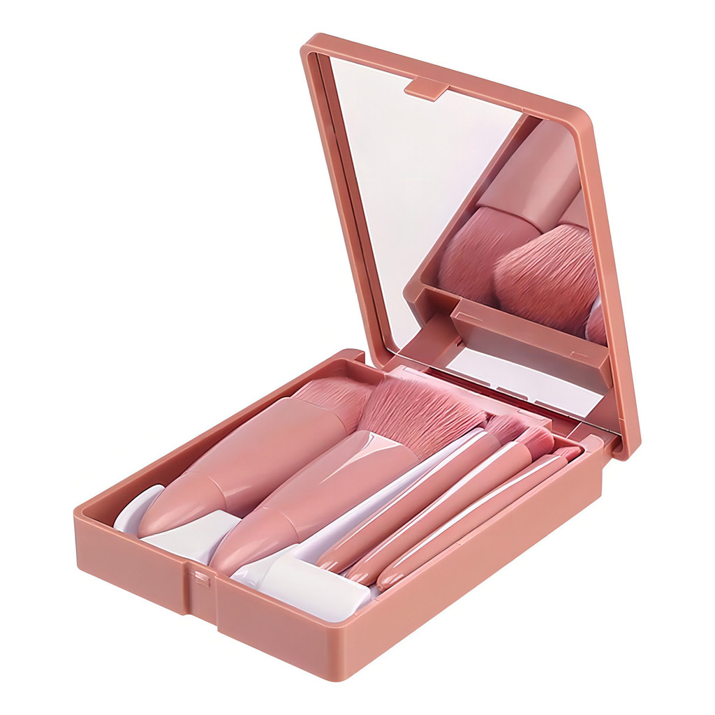 Kit Mini Conjunto De Pincel De Maquiagem Estojo Espelho 5 Peças Make Beleza Beauty Promoção Lançamento