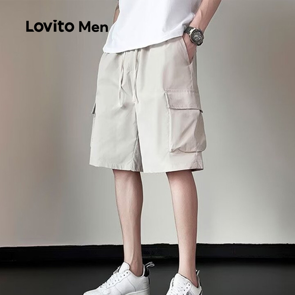 Detalhes do Lovito Shorts Casuais Masculinos com Cordão para Primavera/Verão Shorts Pretos LNE122081