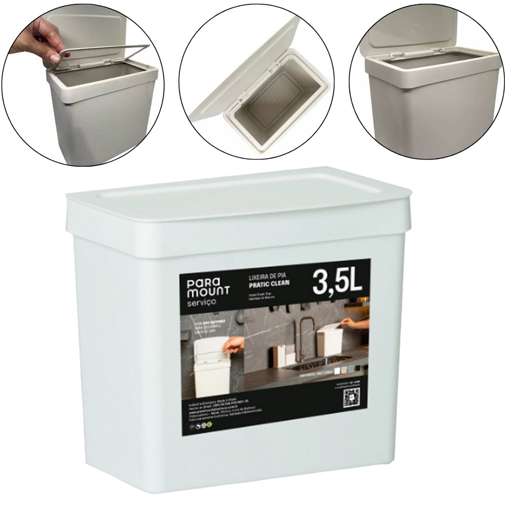 Lixeira P/ Pia Cozinha Fly 3,5 Litros Branca 22X13,5X19,5 CM PARAMOUNT 4404
