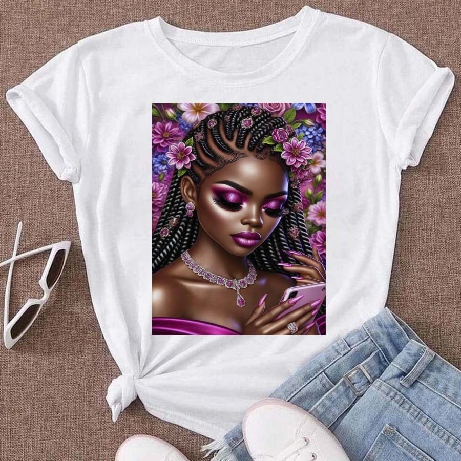 Tshirt Feminina Estampada Rainha Flores Lançamento Camiseta 100% Algodão Camisetão Solta Plus Size Camiseta - Estampaê