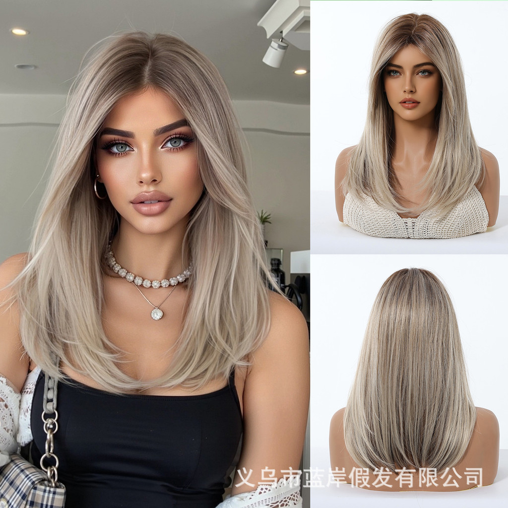 Peruca de ouro gradiente feminino arnês completo peruca de cabelo médio longo estilo cosplay de Halloween cabelo de fibr