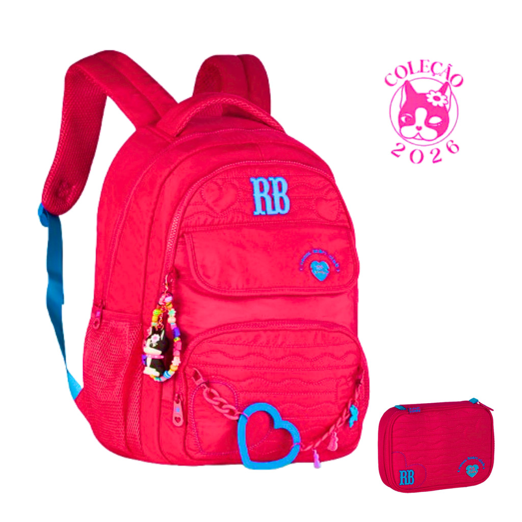 Kit Mochila de Costas com Estojo Rebecca Bonbon Heart Beats -Clio Style Cor:Rosa