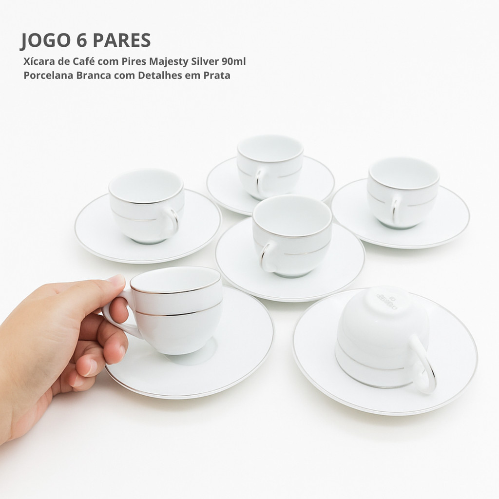 Jogo Xicaras De Café Com Pires 90ml Kit 6 Peças Borda Prata Porcelana Majesty Silver Luxo em Oferta na Shopee