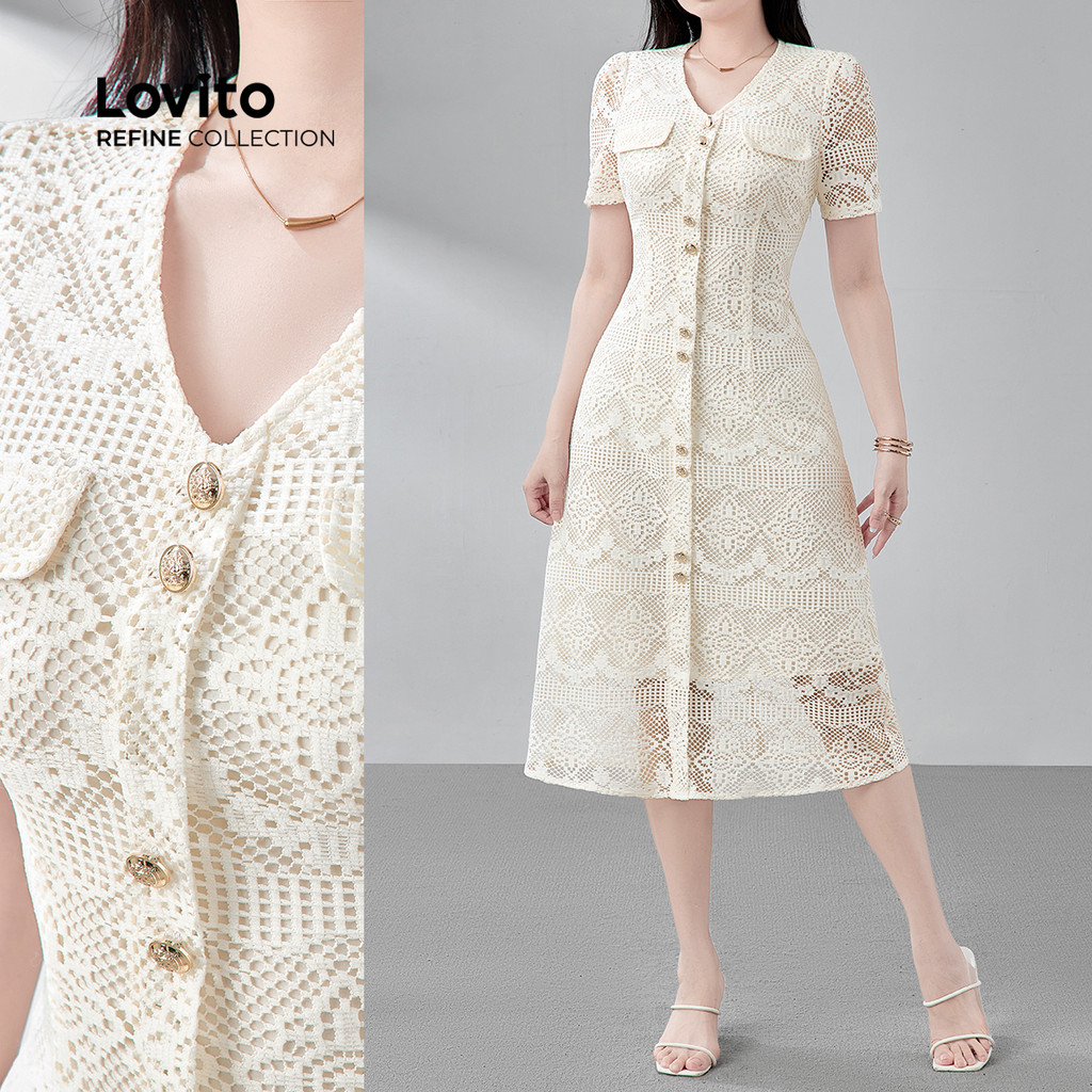 (Lovito Refine) Vestido Elegante com Botão Primavera/verão Vestido Branco para mulheres LR23E427 em Oferta na Shopee