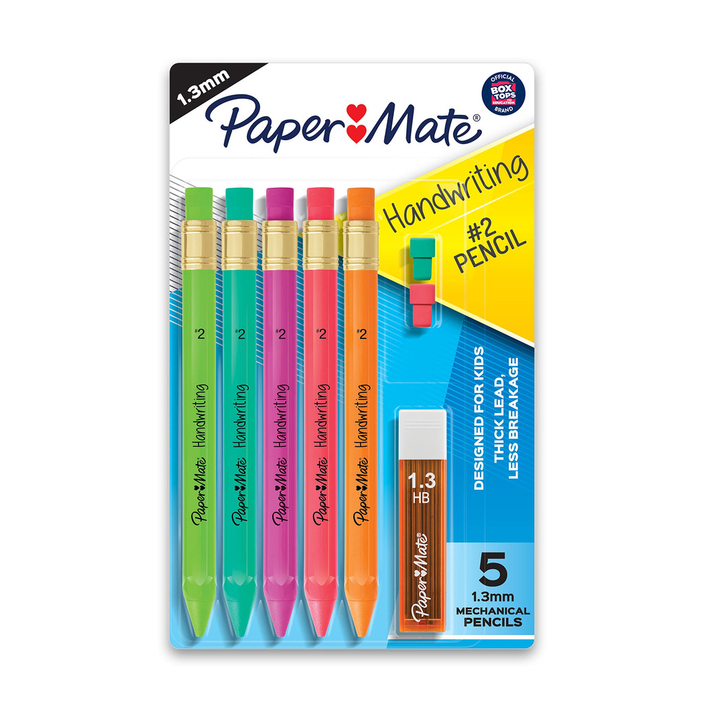 Conjunto de lápis mecânicos triangulares Paper Mate com refis e borracha, 1,3mm, para crianças, cores divertidas, 5 uni