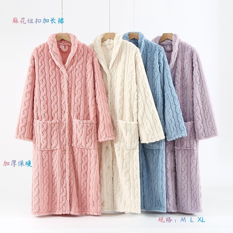 Roupão longo feminino de algodão aveludado jacquard, com gola de smoking e botões, espesso e confortável para o outono e