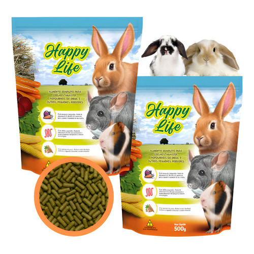 Kit 2 Un Happy Life Ração Coelho 500 Porquinho-da-índia Hamster Premium 