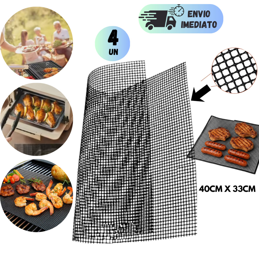 KIT 2 OU 4 TELA PRA GRELHA DE CHURRASCO ANTIADERENTE RESISTENTE 40X33CM LAVAVEL PERFURADA GRILL MULTIUSO