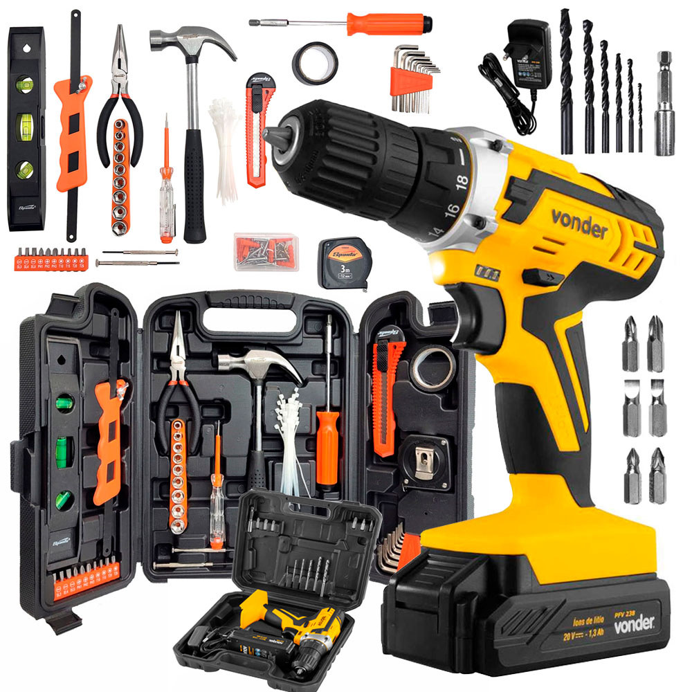 Kit Parafusadeira Vonder PFV238 com Bateria e Jogo de Ferramentas Sparta de 165 Peças e Maleta em Oferta na Shopee