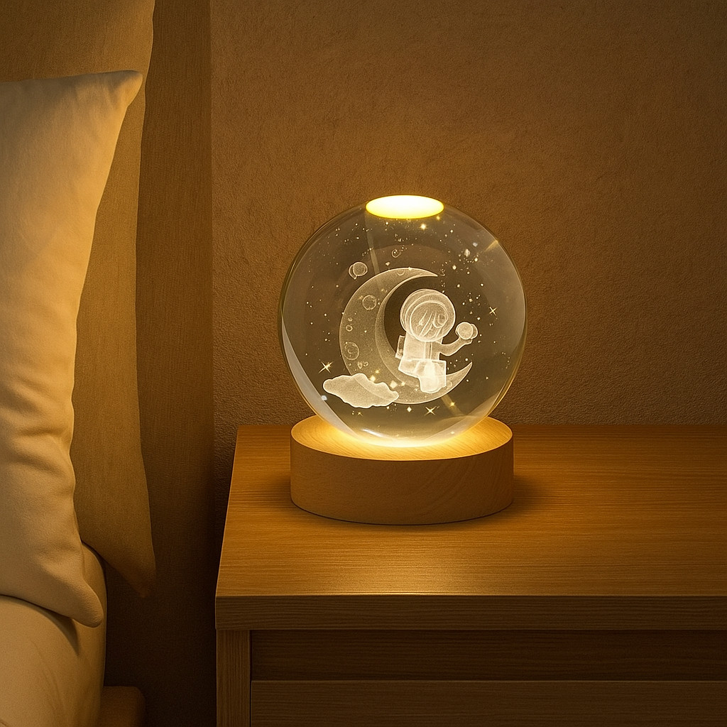 Luminária Crystal Ball 8cm com Base de Madeira – Esfera Iluminada 3D para Decoração em Oferta na Shopee