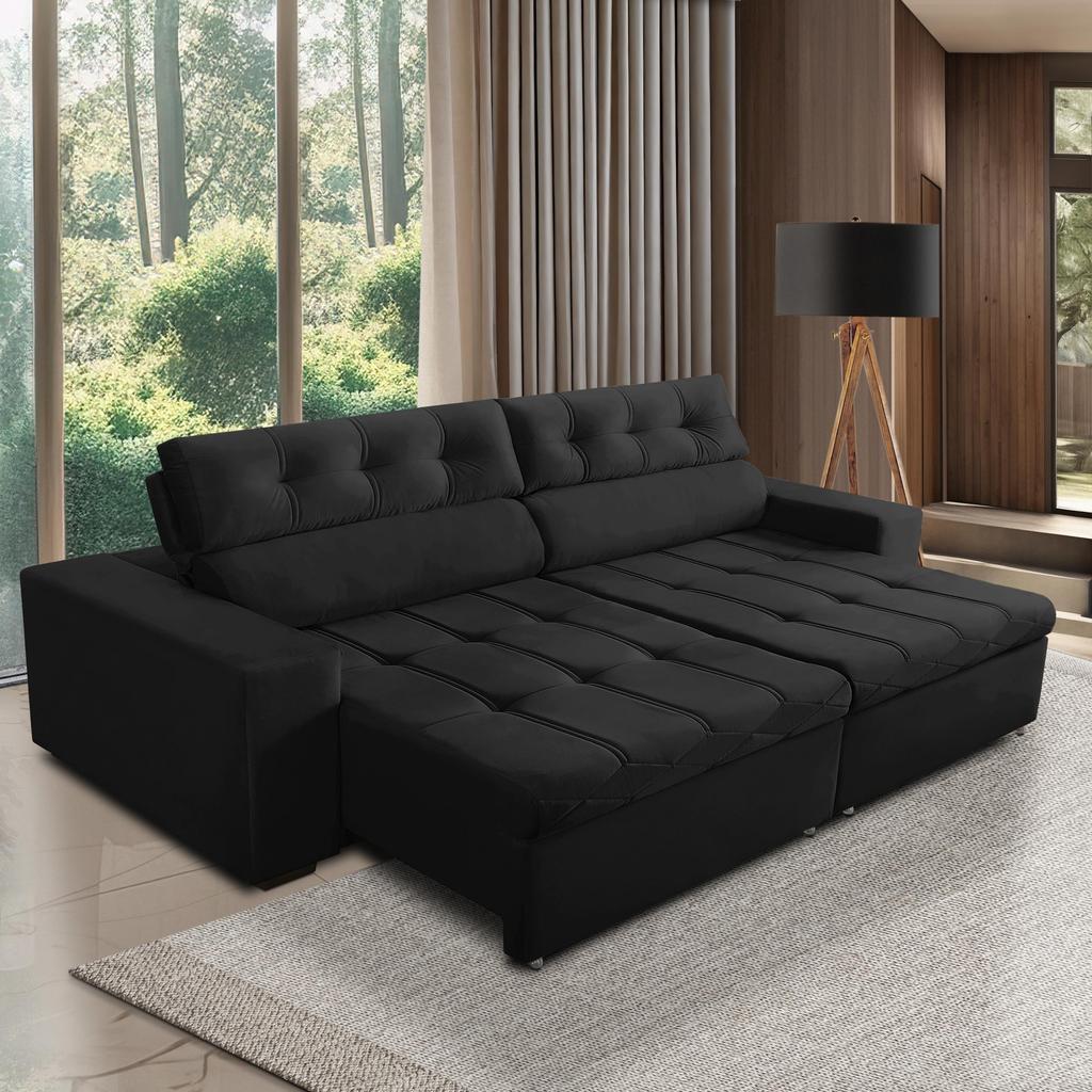 Sofá Retrátil e Reclinável 3 Lugares com Molas 2,30m Dani Suede Preto Adonai Estofados em Oferta na Shopee