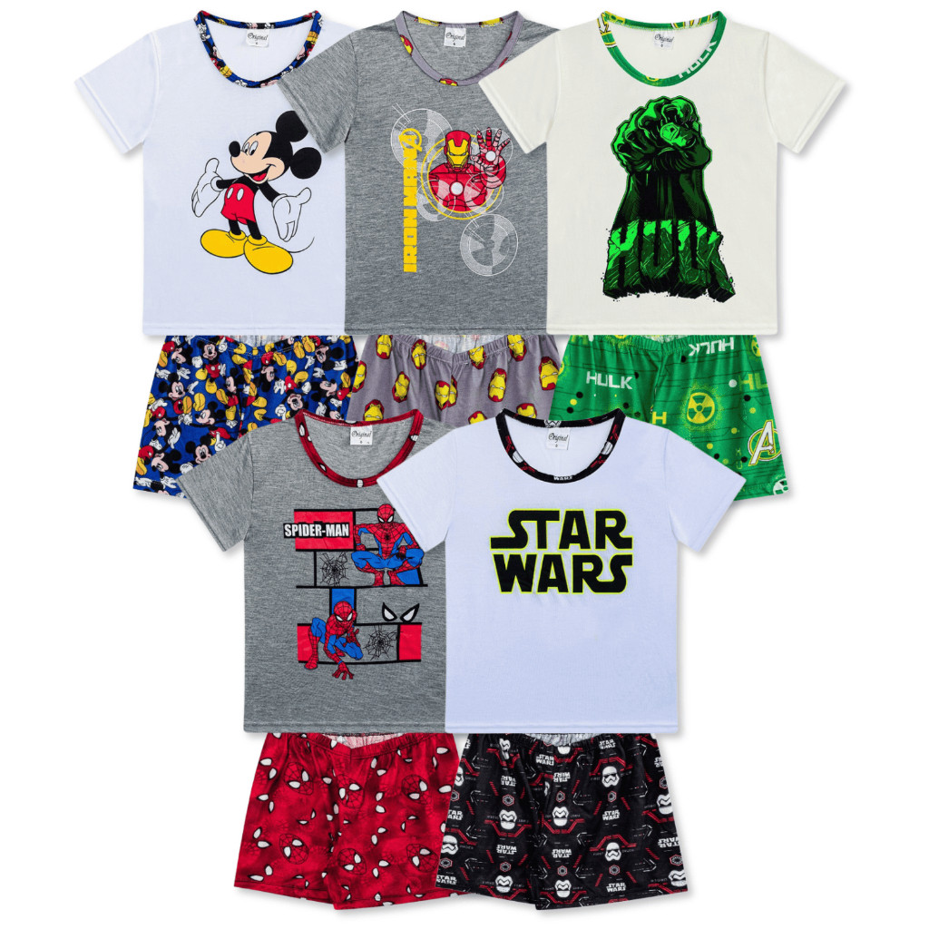 Kit Sortido 5 Pijamas Estampados 5 Camisetas + 5 Bermudas Masculino/Menino Infantil Verão 3 ao 16