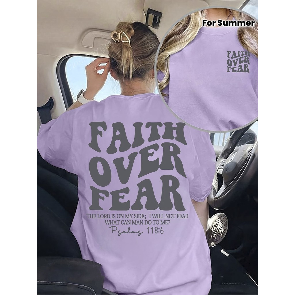 T-shirt Feminina Faith Over Fear – Estampa Inspiradora, Manga Curta, Gola Redonda, Moda Verão Casual