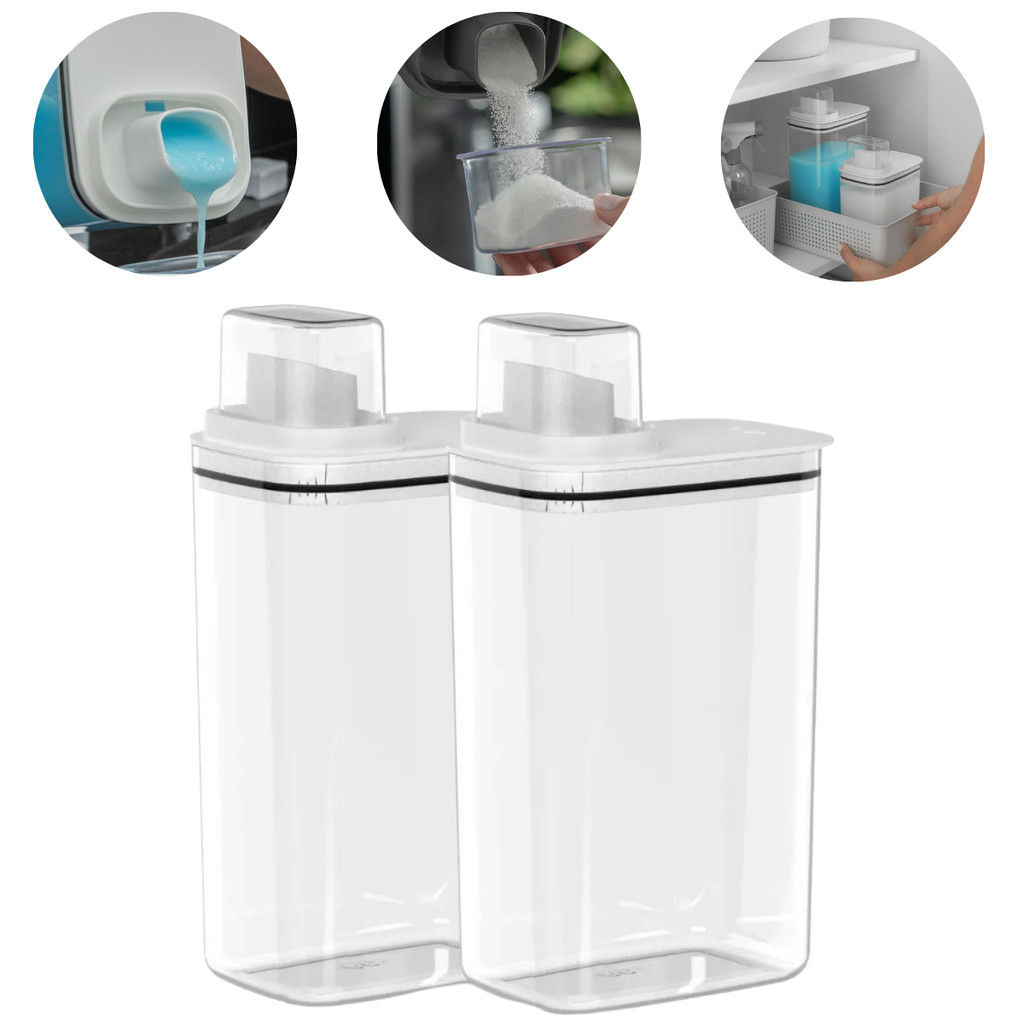 Kit 2 Porta Sabão em Pó Amaciante Sabonete Líquido Detergente 2,3L Branco Bico Dosador Linha Flow OU