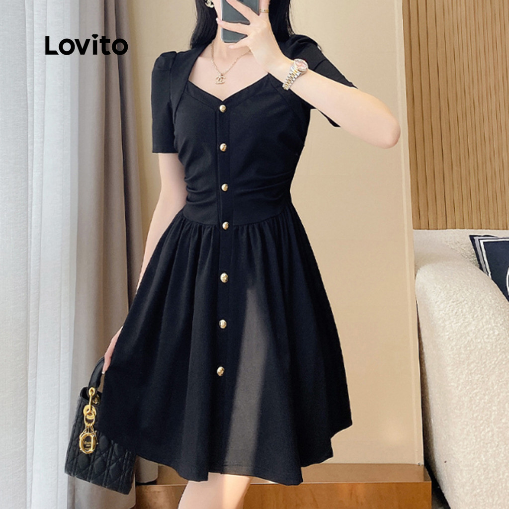 Detalhes do Lovito Vestido Elegante com Botões para Primavera/verão Vestido Preto para mulheres L143ED158