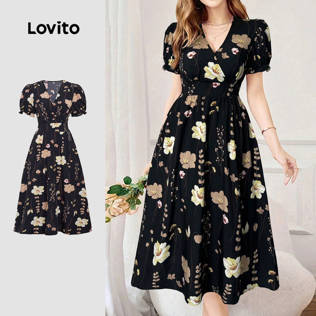 Lovito Vestido Casual com Flores Estrutura Plissada Linha de Primavera/verão para Mulheres L155ED1932 em Oferta na Shopee
