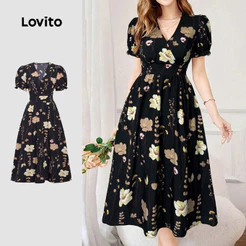 Lovito Elegante Vestido com Flores Estrutura Plissada Linha de Primavera/verão para Mulheres L155ED1932