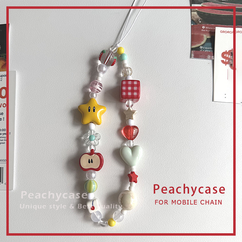 INS Star Apple Em Forma De Coração Xadrez Vermelho Quadrado Frisado Corrente Para Celular Pulseira Com Pingente De Telef em Oferta na Shopee