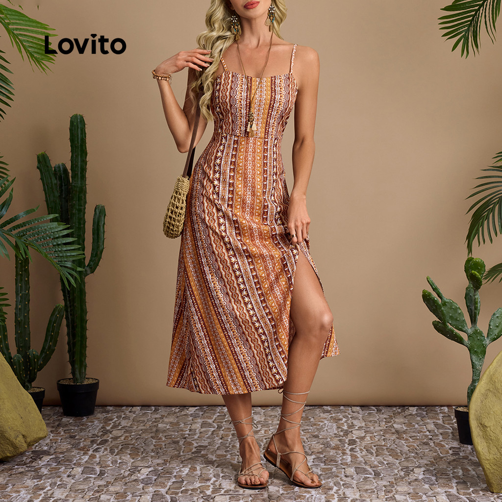 Lovito Vestido Boho com Fenda Na Frente Vestido de Primavera/verão para Mulheres LBL30284 em Oferta na Shopee