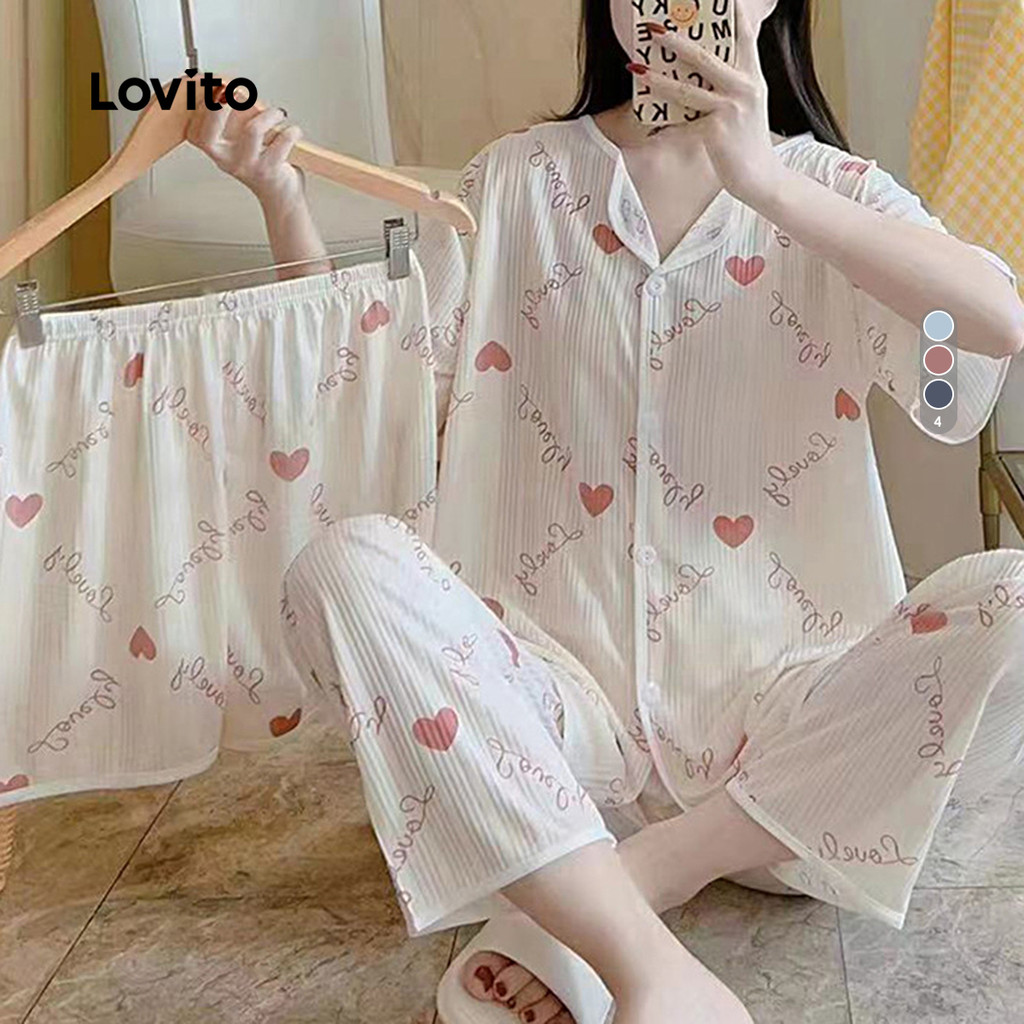 Lovito Conjunto de Pijama 3 Peças Casual para Casa com Calça Longa e Short Mãe/Verão para Mulheres LNE121083 em Oferta na Shopee