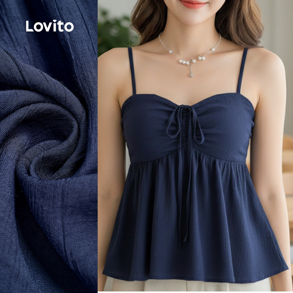 Lovito Casual Top de Peplum com Laços para Primavera/verão Cor Azul-marinho para