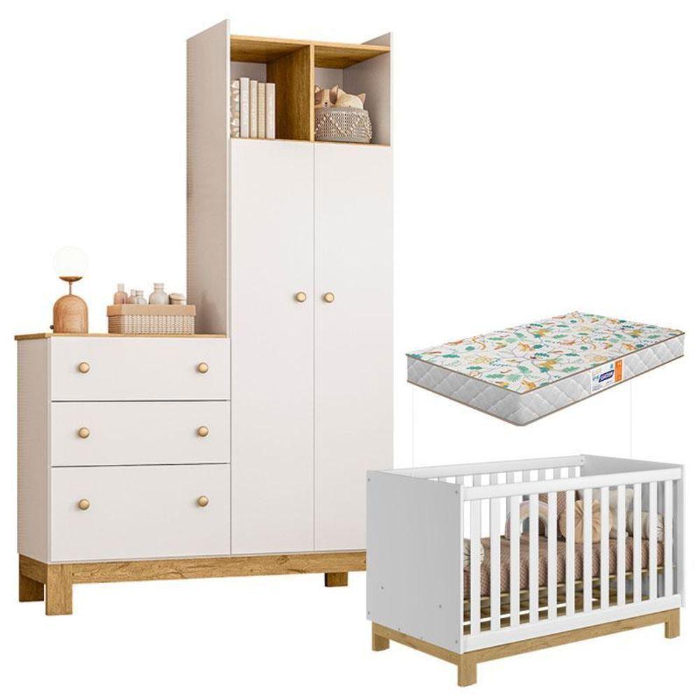 Berço Americano Mini Cama 4315 E Guarda Roupa Com Cômoda 4970 Q Encanto Slim Branco Acetinado Com Colchão Gazin