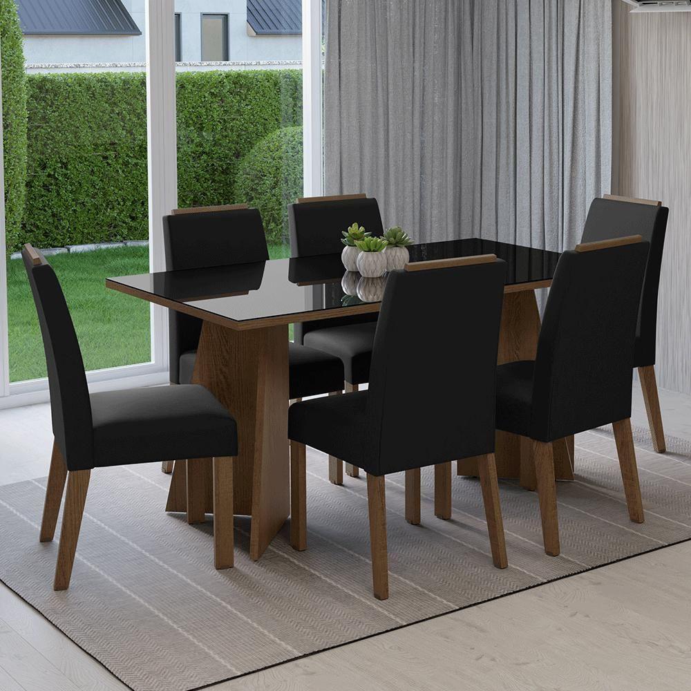 Conjunto Sala De Jantar Tampo De Vidro 6 Cadeiras Rustic/preto/oxford Madrid Madesa