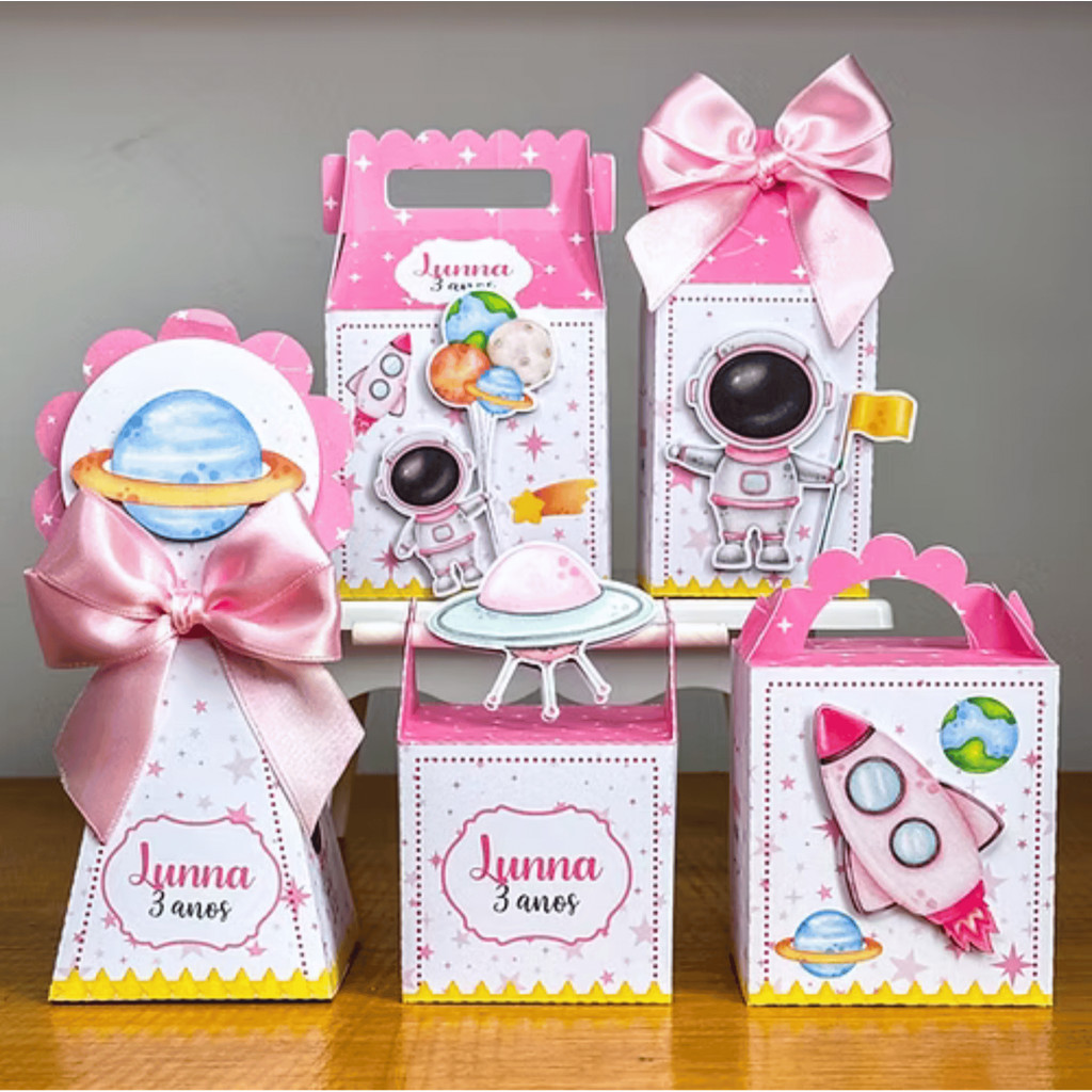 Caixinhas Personalizadas  Astronauta Menina kit PEGUE E MONTE festa  rosa,  lembrancinhas, personalizados.