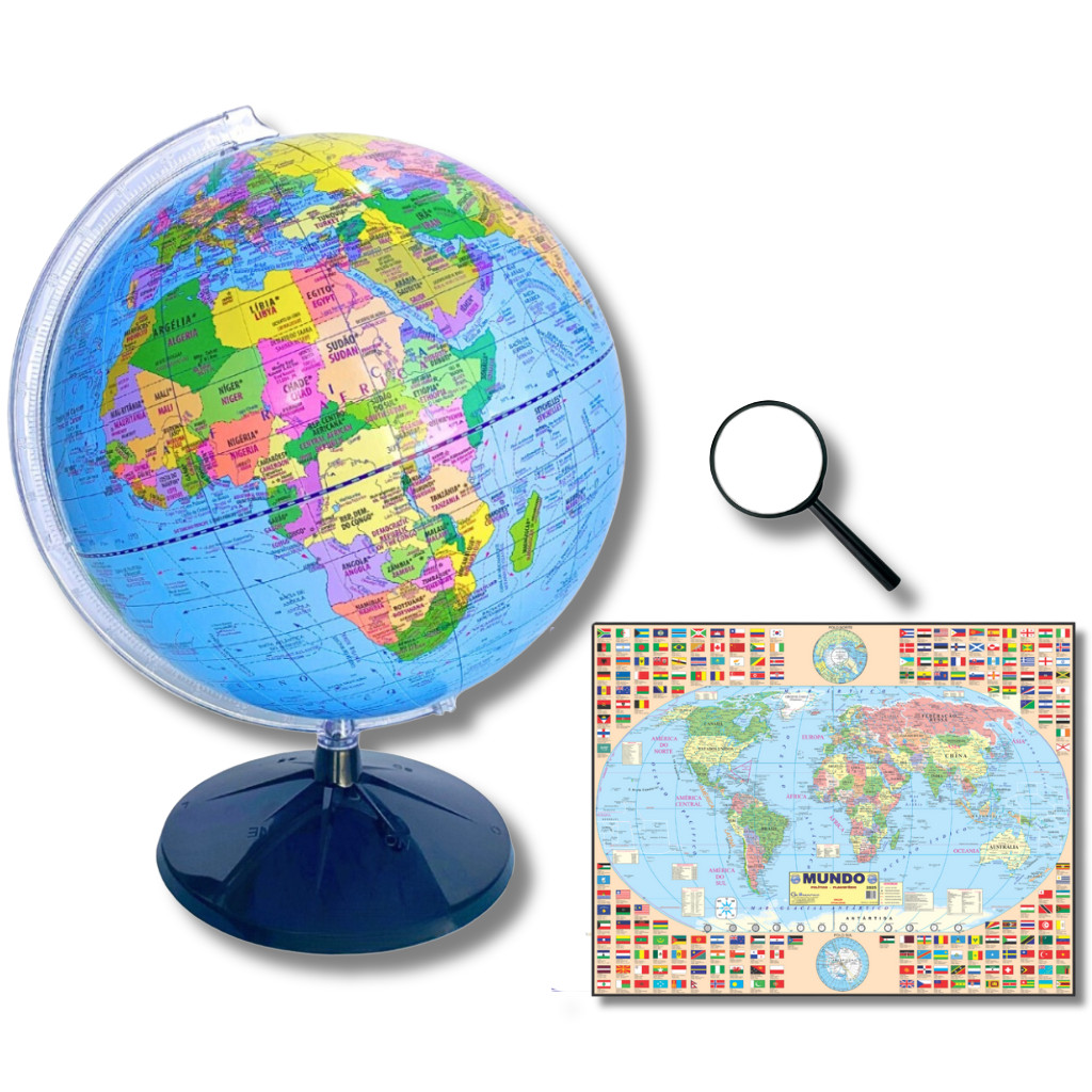 Globo Terrestre Político Bilíngue 30cm Diaâmetro e 43 cm Altura Base Preta + Mapa Mundi Gigante + Lupa