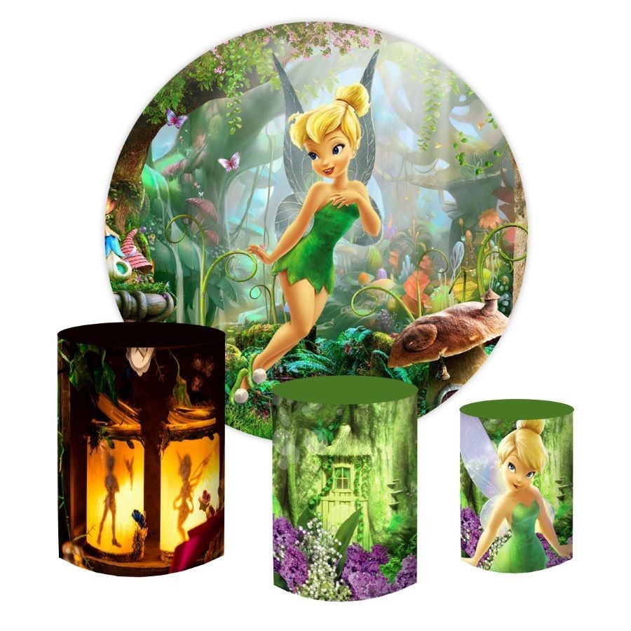 Painel Redondo + Capas Cilindro Tecido Sublimado Tinker Bell Sininho