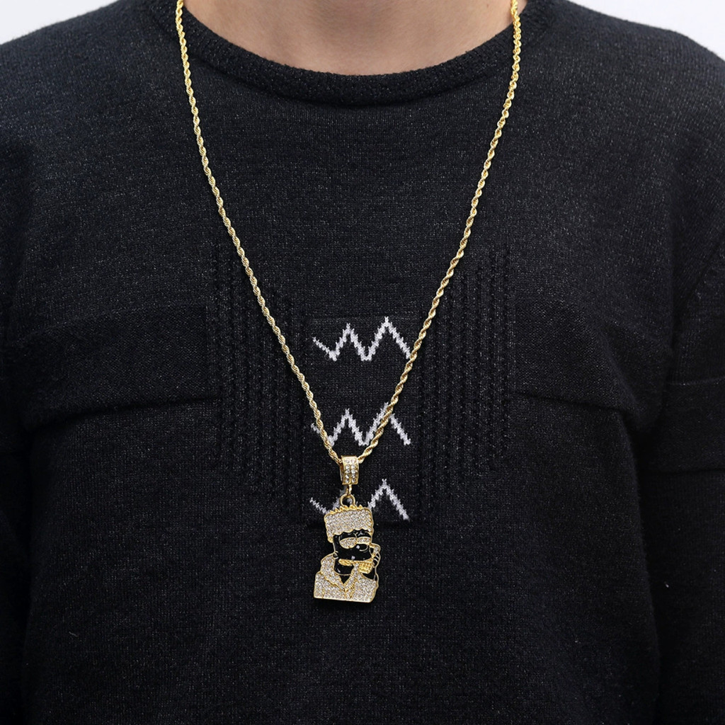 Conjunto de colar e pulseira com pingente Simpson em estilo hip-hop punk, joias banhadas a ouro 24 quilates.