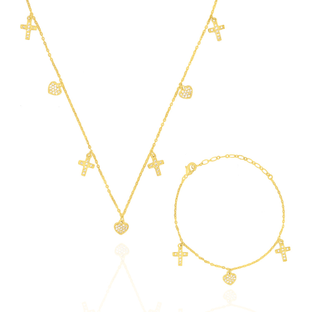 Conjunto Choker e Pulseira de Corrente Elos com Pingente Coração e Cruz Cravejado com Zircônia - Banhado a Ouro 18k