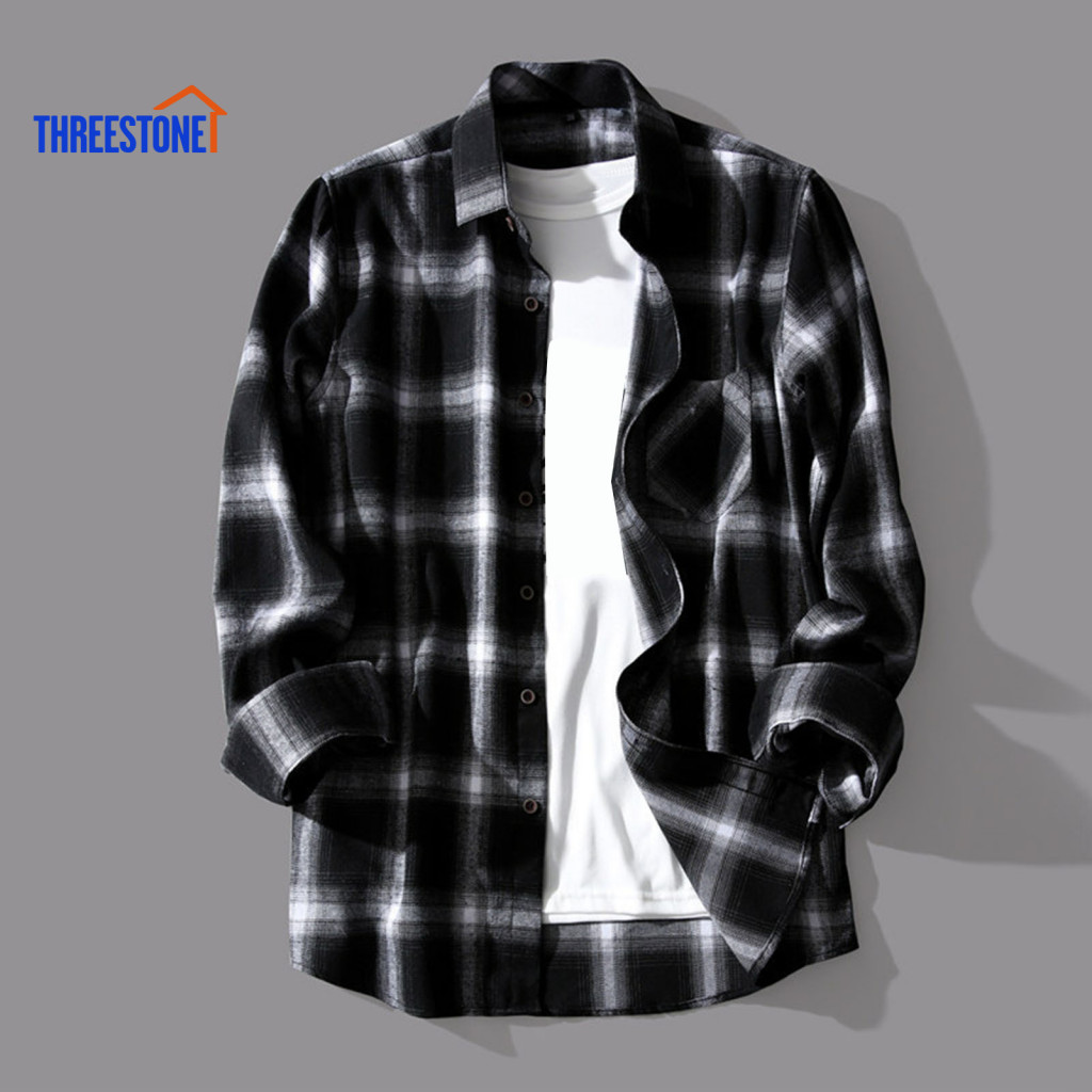 Camisa Masculina Primavera Xadrez Impressão Mangas Compridas Contraste Cores Turn-down Colarinho Lapela Quente Single-br