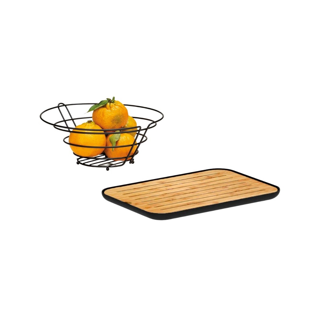 Fruteira Cesta e Tabua Bambu Migalheira Preto Bandeja Paes