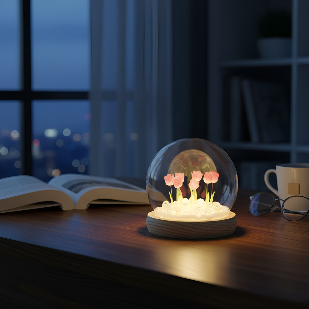 Globo De Vidro Com Flores E Base De Bambu Iluminação Led