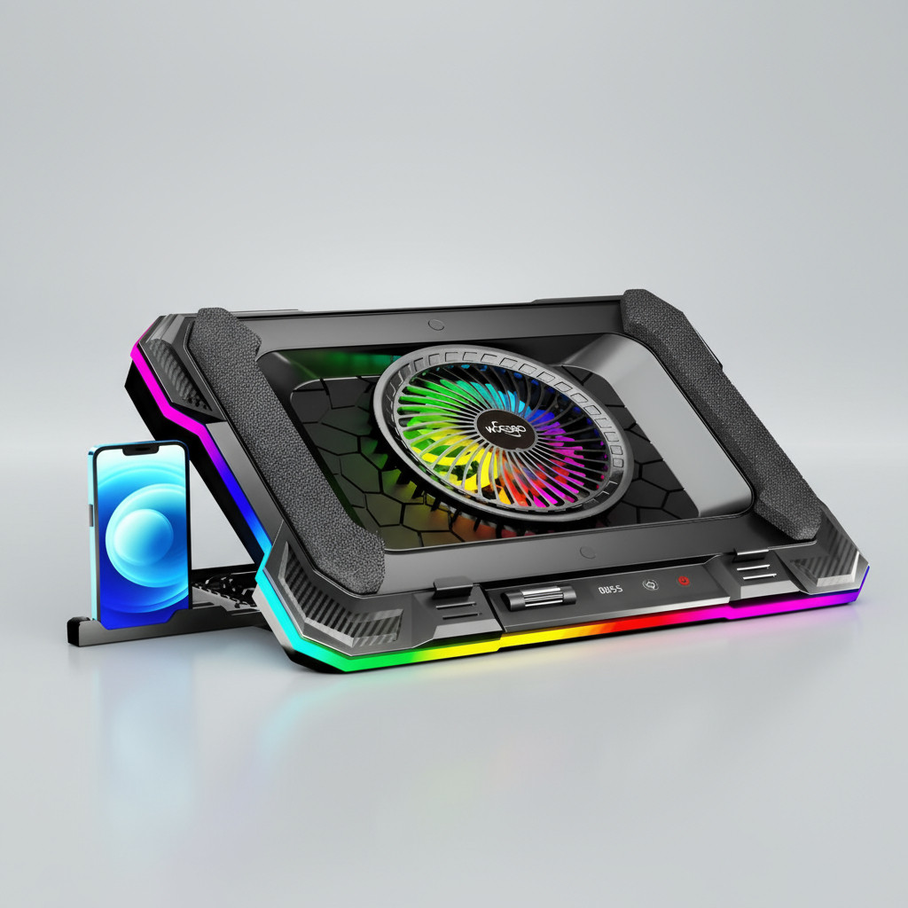 Base de Resfriamento Cooler Pad Suporte Gamer Para Notebook Ajustável Oberon Com Led RGB…