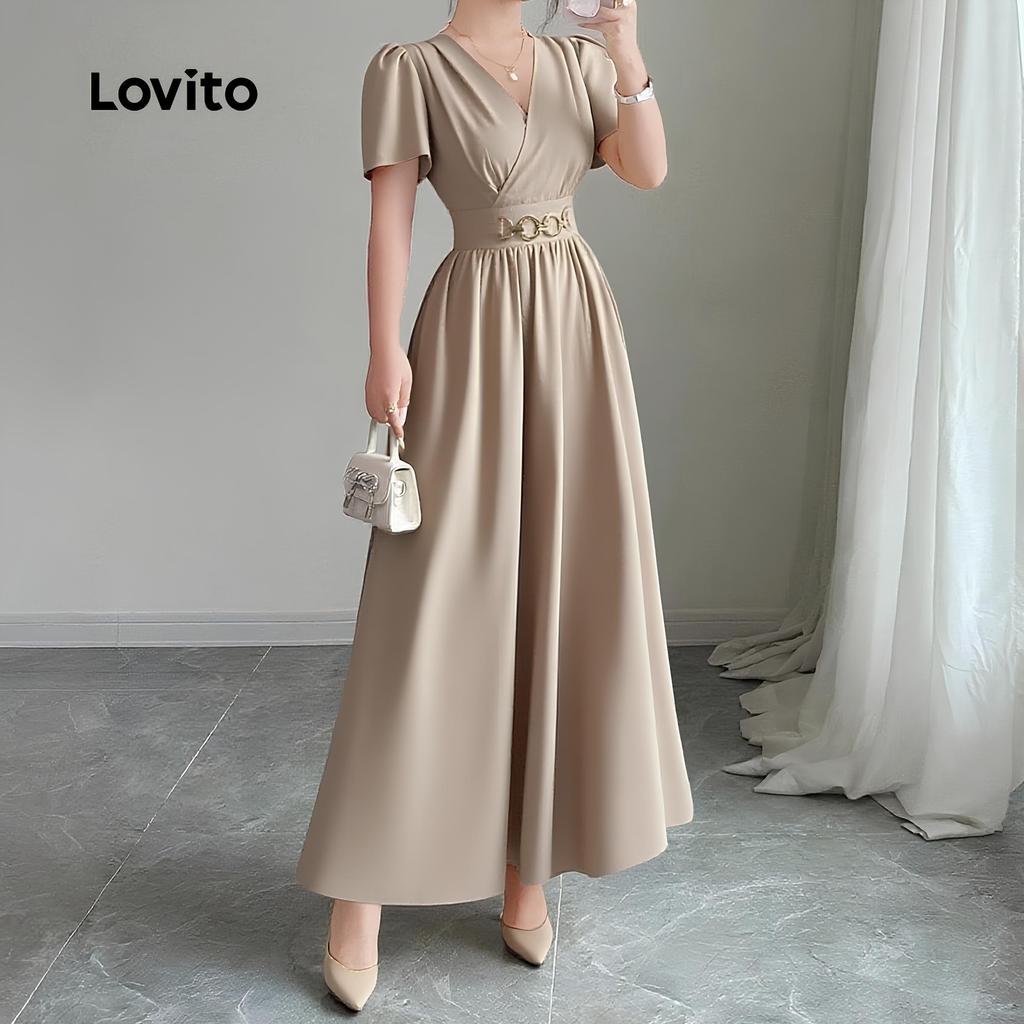 Detalhes do Lovito Vestido Casual Feminino Cáqui com Zíper para Natal/Festa Primavera/Verão L152LD050