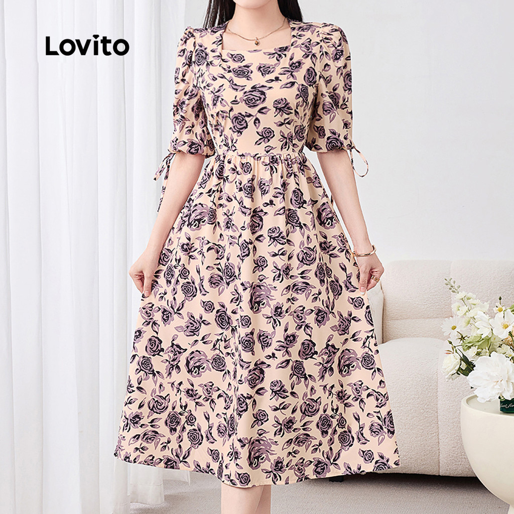 Lovito Vestido Elegante com Flores Primavera/verão Vestido Cáqui para Mulheres L158ED1136