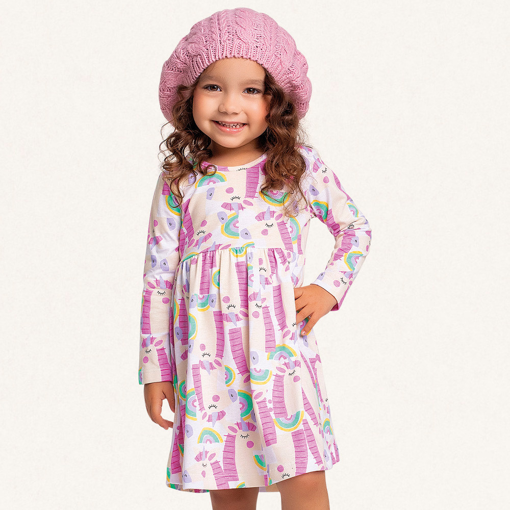Vestido infantil em meia malha unicórnio Fakini