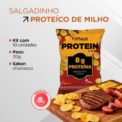 Kit com 10 salgadinho snack chips com 8g de proteína sabor churrasco topway 30g