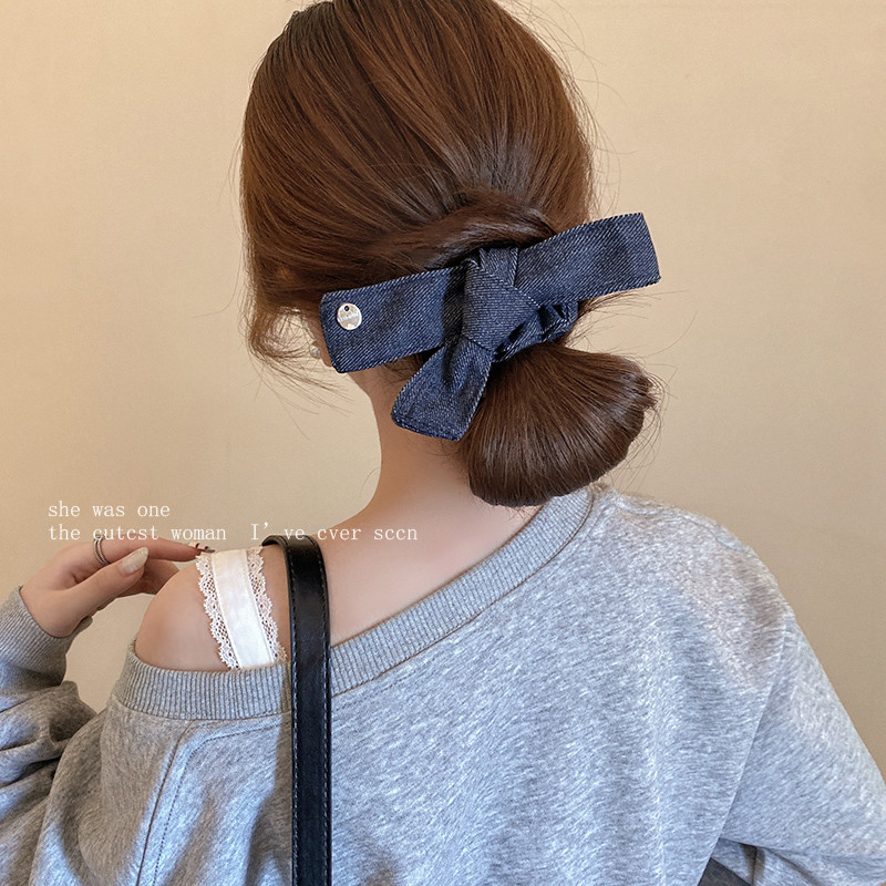 Retro Ouni ~ Stiff largo Denim arco pequeno Scrunchy corda de cabelo High-End baixo rabo de cavalo anel de cabelo cabeça