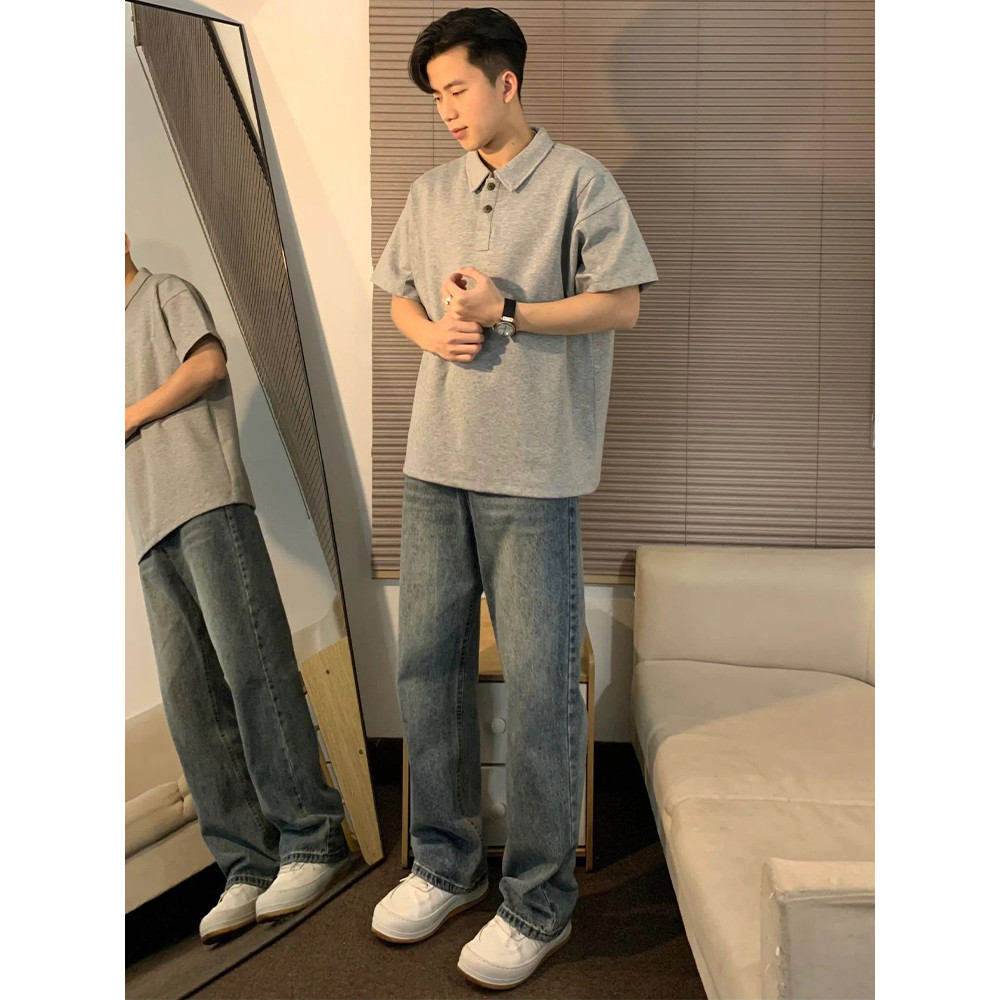 Camisa polo masculina cinza de manga curta plâncton bonito maduro estável camisa masculina gola camiseta pesado verão am