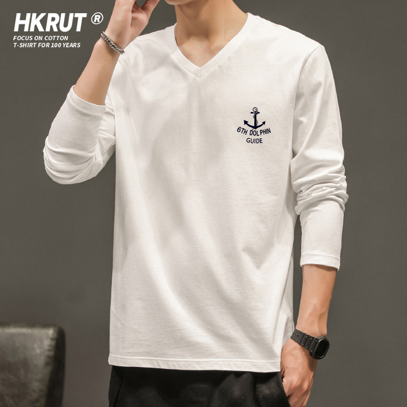 Camiseta masculina estampada americana de manga comprida com decote em V puro algodão outono roupas internas roupas de o