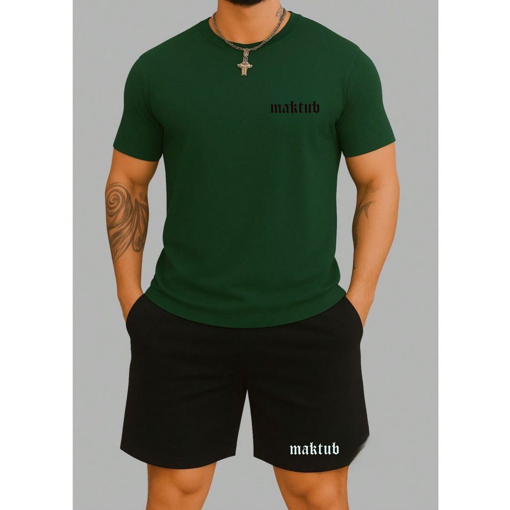Kit Conjunto Camiseta e Bermuda Preta Tectel Maktub Equilibrio Camisa 100% Algodão Premium