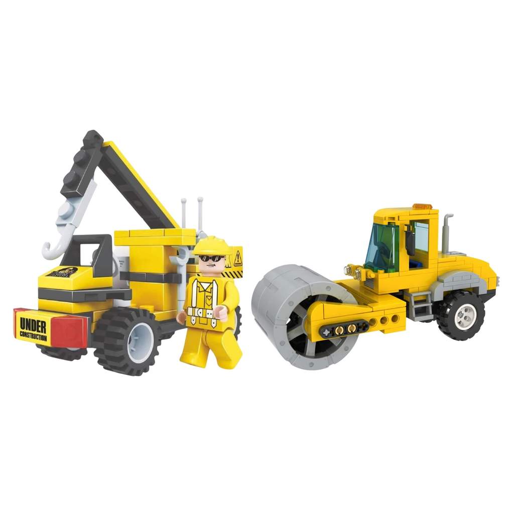 Kit 2 Blocos de Montar Xalingo – Cidade em Obras Guincho + Rolo Compactador